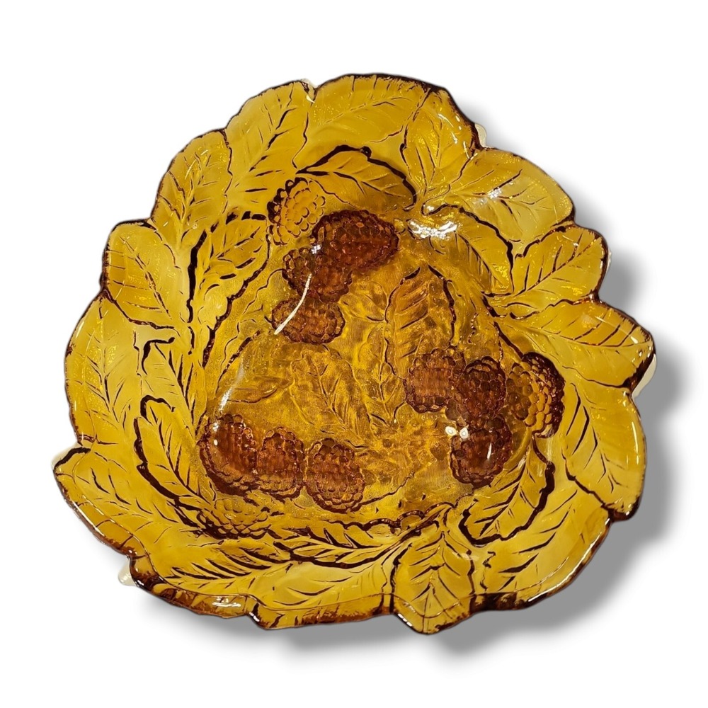 Vintage Amber Gold Iridescent Carnival Glass 7" Candy Dish Grapes Leaves Dish
